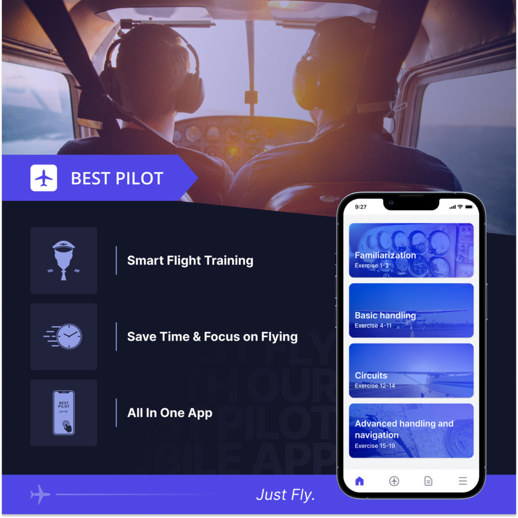 Image shows two pilots in the cockpit and screen of the Best Pilot app