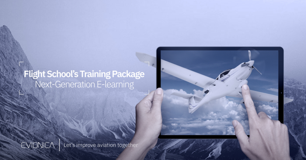 Image shows hands keeping tablet presenting aircraft - part of e-learning course from Evionica