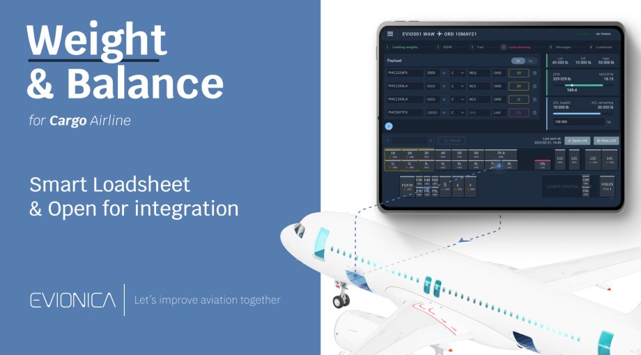 Graphic shows aircraft, tablet with application and text Weight & Balance