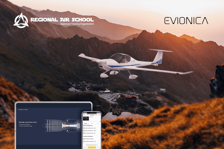Graphic with Diamond aircraft from Regional Air School and tablet and mobile with Evionica's e-learning course