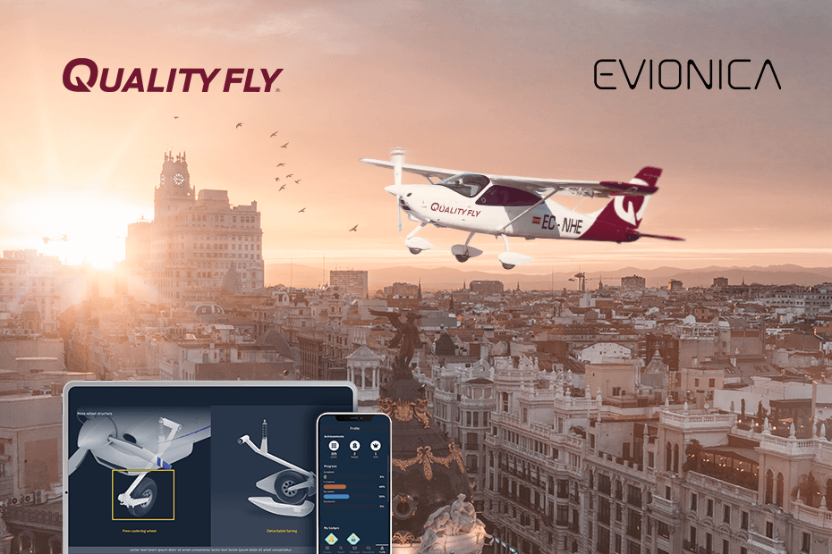 Picture with QualityFly and Evionica logos, flying Diamond aircraft and tablets and mobile with e-learning course screens